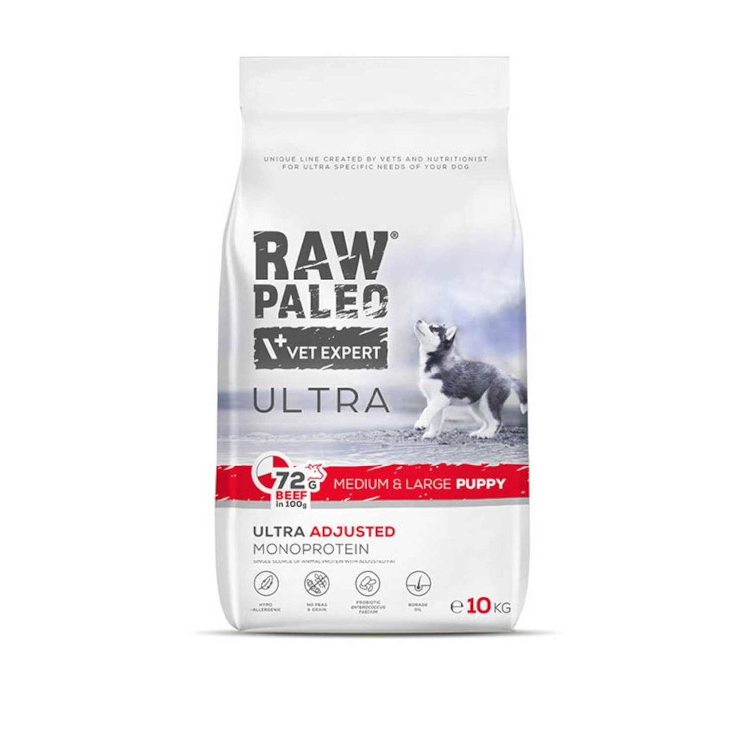 Opakowanie suchej karmy dla szczeniąt ras średnich i dużych z wołowiną, z napisem \'RAW PALEO VET EXPERT ULTRA\'. Widoczny jest także obrazek szczeniaka oraz informacje o zawartości 72% wołowiny w 100g i waga 10 kg.
