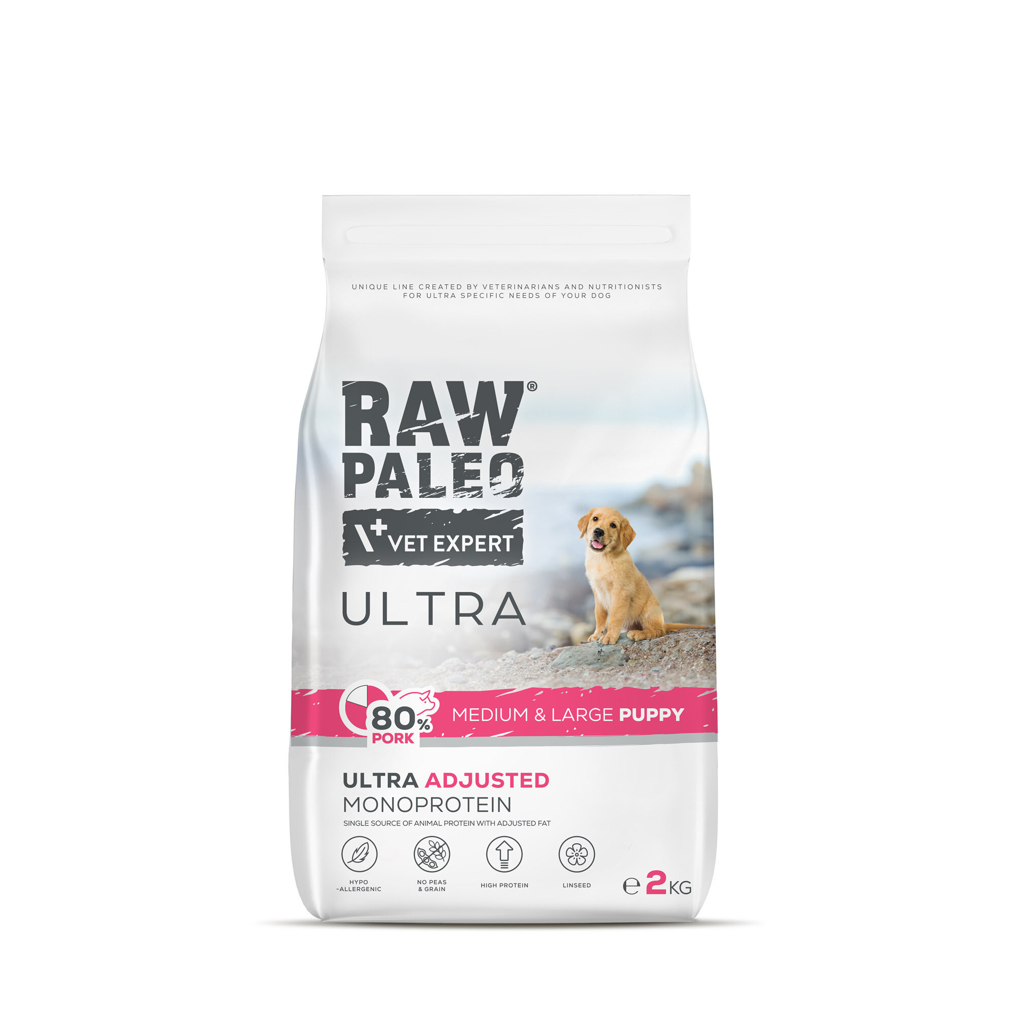 Opakowanie suchej karmy dla szczeniąt z napisem \'RAW PALEO VET EXPERT ULTRA\'. Widoczny jest obrazek psa oraz informacje o składzie, takie jak \'80% PORK\' i \'ULTRA ADJUSTED MONOPROTEIN\'.