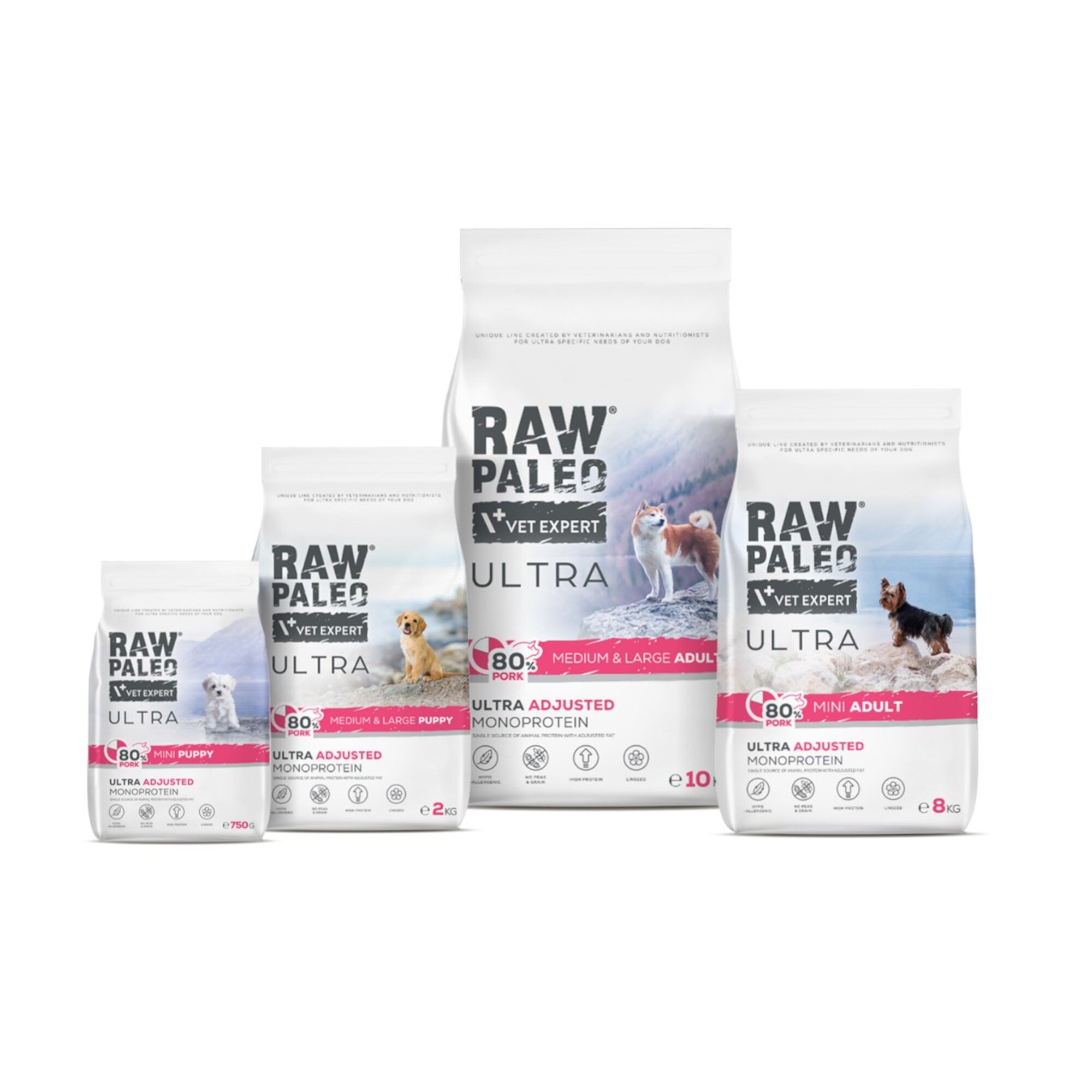 Na obrazie widoczne są cztery opakowania karmy dla psów marki RAW PALEO VET EXPERT ULTRA, z różnymi oznaczeniami dotyczącymi wielkości i wieku psów. Opakowania mają białe tło z grafikami psów i różnymi kolorowymi etykietami informacyjnymi, w tym \'80% PORK\' i \'ULTRA ADJUSTED MONOPROTEIN\'.