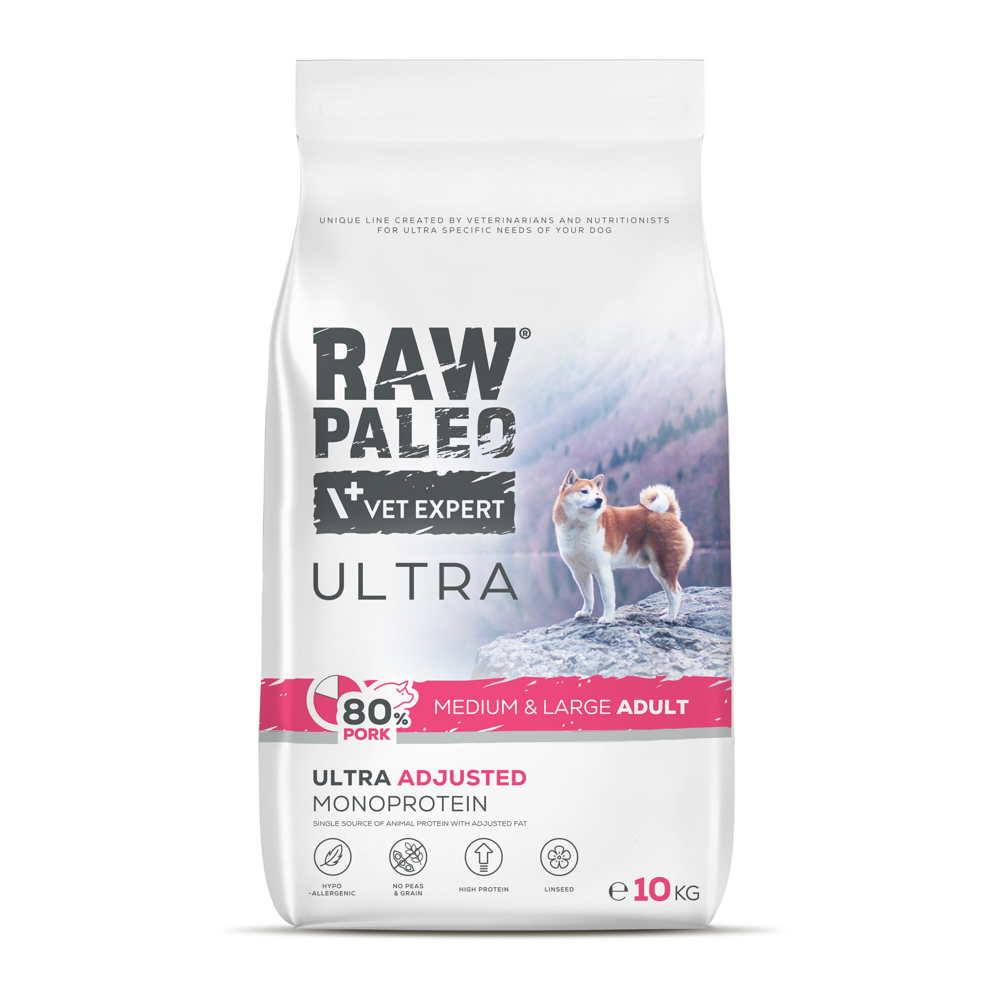 Opakowanie suchej karmy dla psów z napisem \'RAW PALEO VET EXPERT ULTRA\'. Widoczny jest pies na tle gór oraz informacje: \'80% PORK\', \'MEDIUM & LARGE ADULT\', \'ULTRA ADJUSTED MONOPROTEIN\', \'e 10 KG\'.