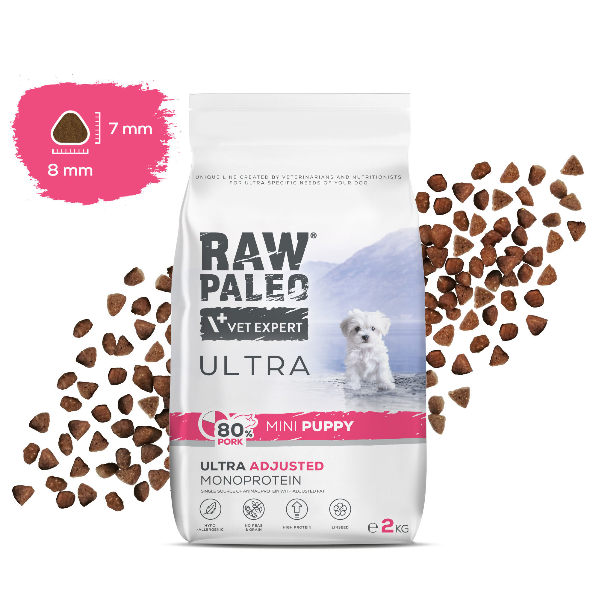 Opakowanie suchej karmy dla szczeniąt z napisem \'RAW PALEO VET EXPERT ULTRA 80% PORK MINI PUPPY ULTRA ADJUSTED MONOPROTEIN\'. Obok opakowania widoczne są granulki karmy oraz grafika przedstawiająca psa.