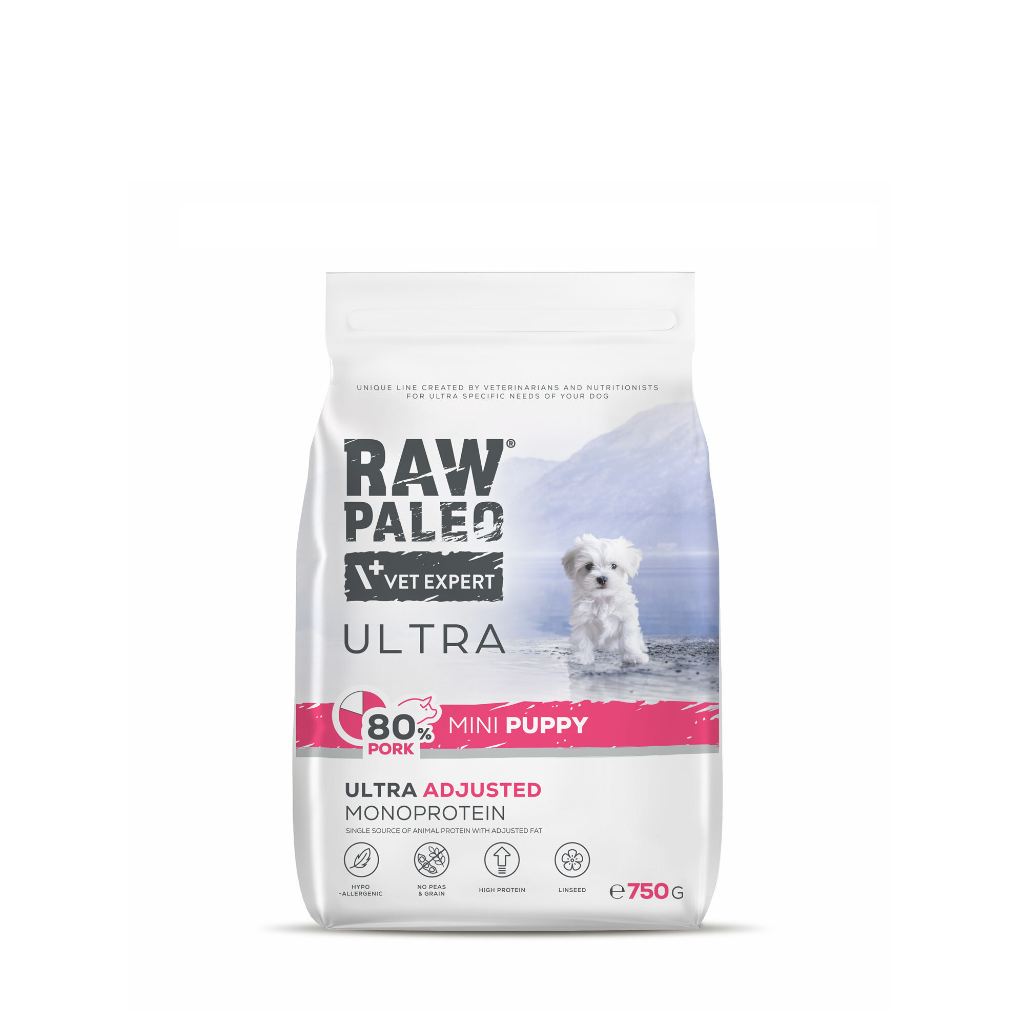 Opakowanie suchej karmy dla szczeniąt z wieprzowiną o nazwie \'RAW PALEO VET EXPERT ULTRA\'. Na opakowaniu widoczny jest mały piesek oraz informacje: \'80% PORK\', \'MINI PUPPY\', \'ULTRA ADJUSTED MONOPROTEIN\', \'750g\'.