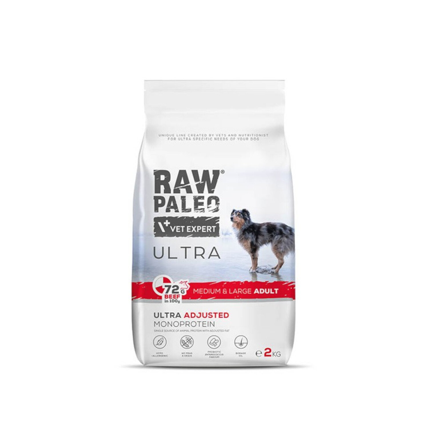 Opakowanie suchej karmy dla psów z napisem \'RAW PALEO VET EXPERT ULTRA\'. Widoczny jest pies oraz informacje \'72g BEEF in 100g\', \'MEDIUM & LARGE ADULT\', \'ULTRA ADJUSTED MONOPROTEIN\', a także waga \'2 KG\'.