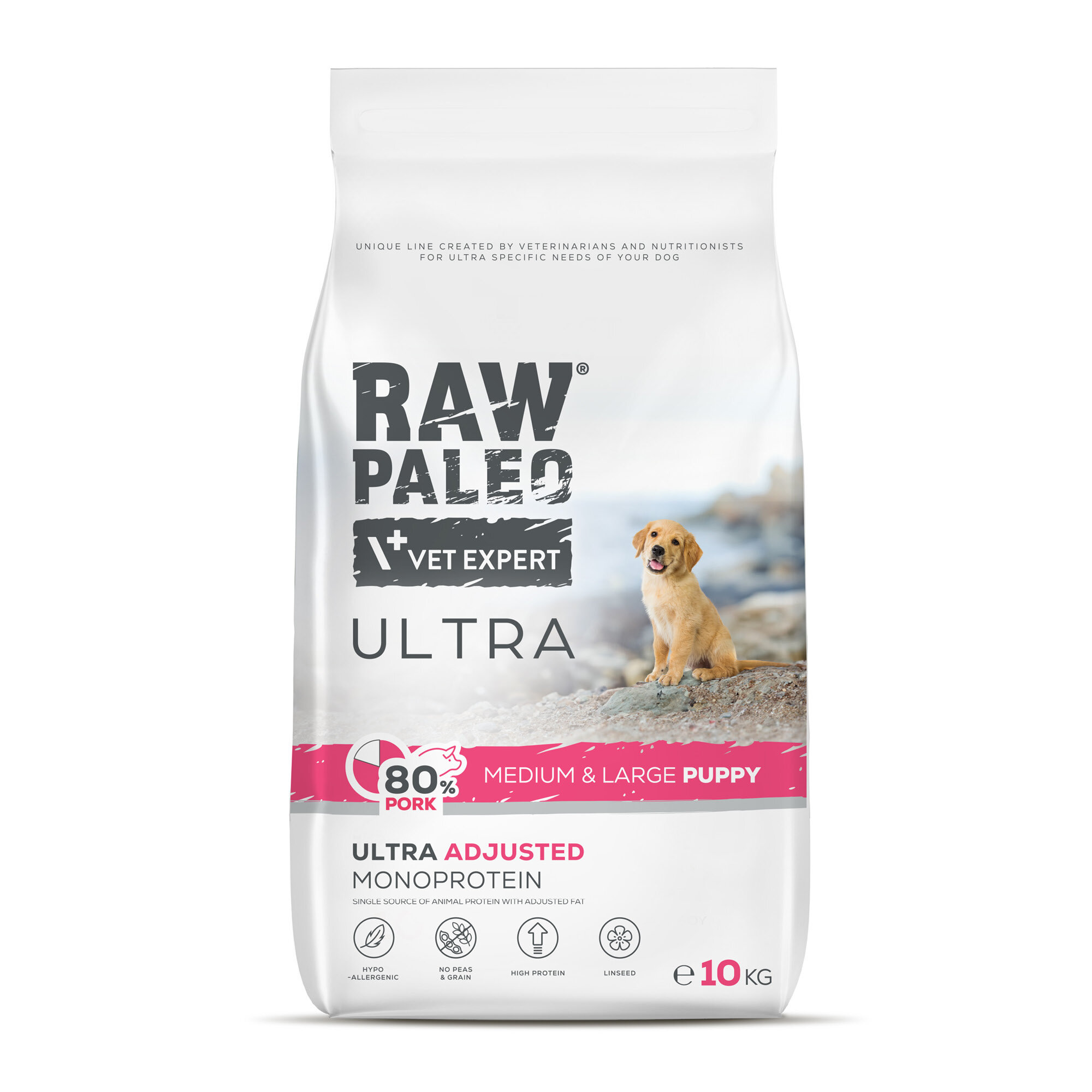 Opakowanie suchej karmy dla psów z napisem \'RAW PALEO VET EXPERT ULTRA\'. Widoczny jest także obrazek szczeniaka oraz informacje \'80% PORK MEDIUM & LARGE PUPPY\' i \'ULTRA ADJUSTED MONOPROTEIN\'.