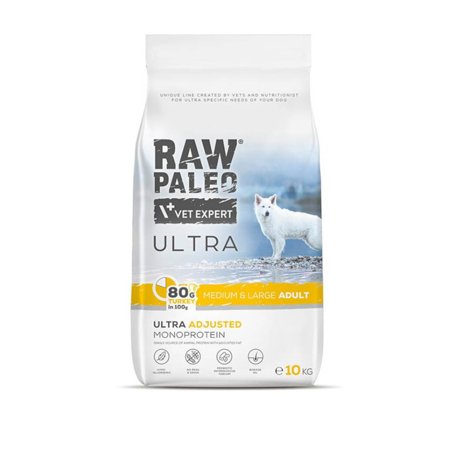Opakowanie suchej karmy dla psów z napisem \'RAW PALEO VET EXPERT ULTRA\'. Widoczny jest biały pies na tle krajobrazu oraz informacje o składzie i przeznaczeniu karmy dla dorosłych psów średnich i dużych ras, waga 10 kg.