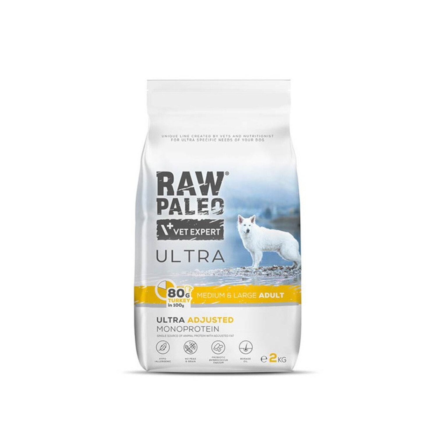 Opakowanie suchej karmy dla psów z napisem \'RAW PALEO VET EXPERT ULTRA\'. Widoczny jest obraz psa oraz informacje o składzie i przeznaczeniu dla dorosłych psów ras średnich i dużych, waga 2 kg.