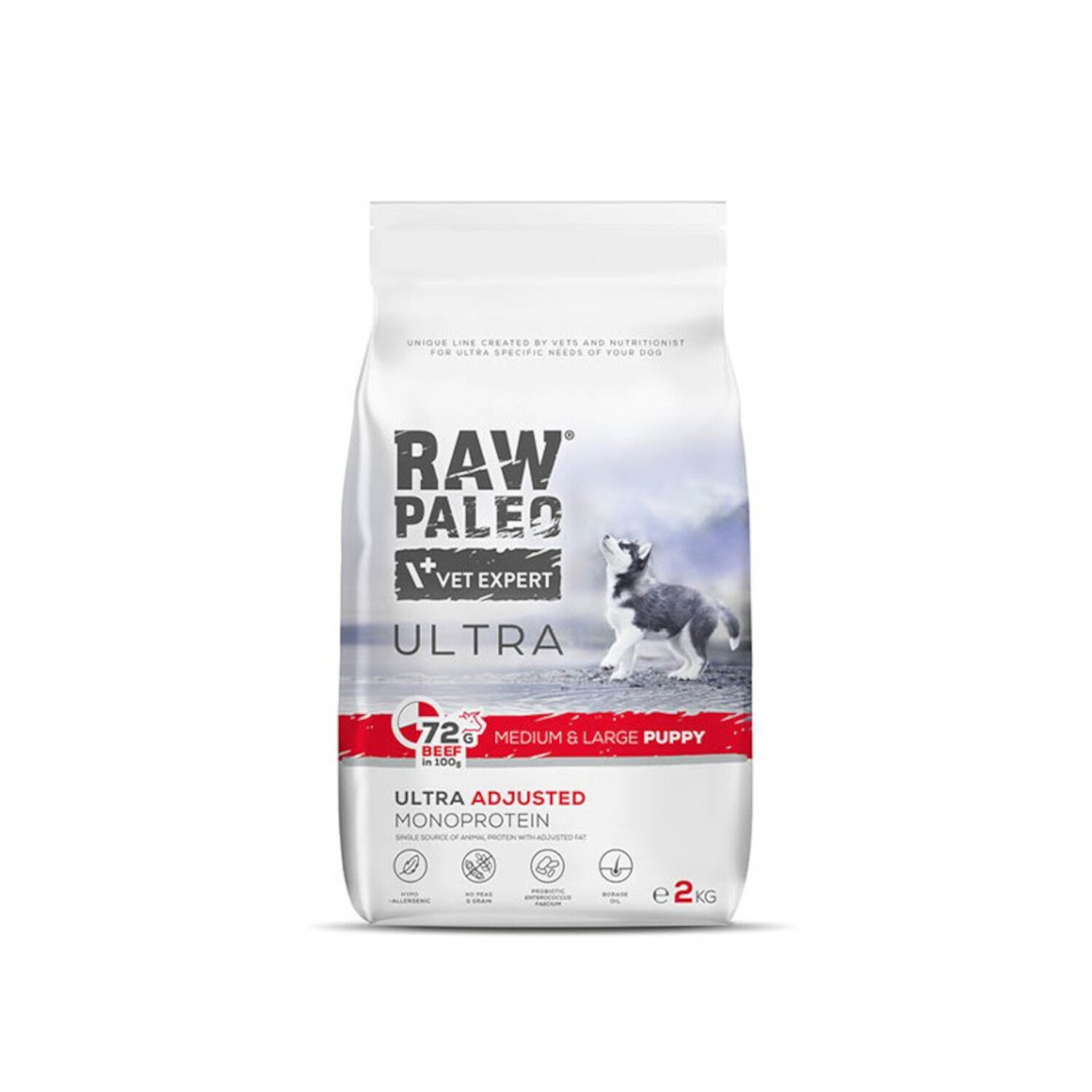 Opakowanie suchej karmy dla szczeniąt z napisem \'RAW PALEO VET EXPERT ULTRA\'. Widoczny jest obrazek psa oraz informacje o zawartości 72% wołowiny i wadze 2 kg.