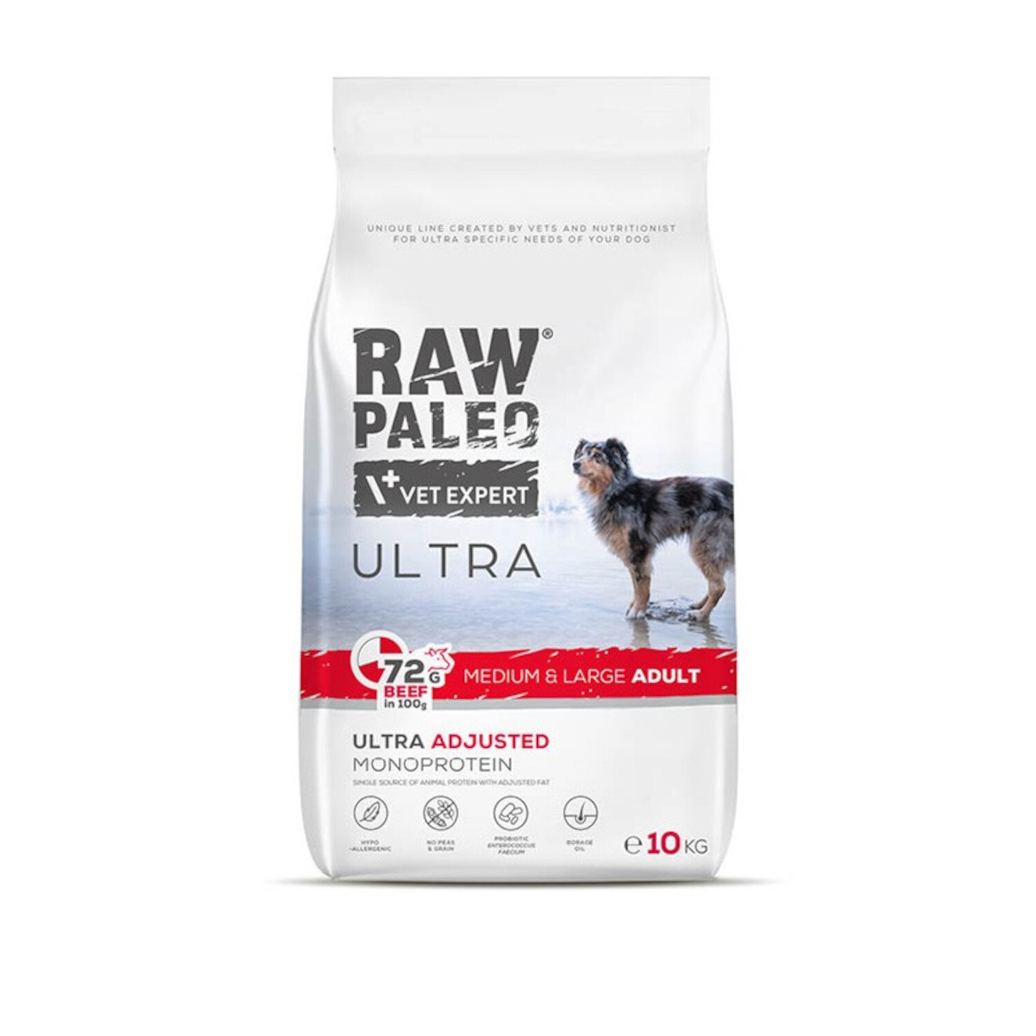Opakowanie suchej karmy dla psów z napisem \'RAW PALEO VET EXPERT ULTRA\'. Widoczny jest pies oraz informacje o produkcie, takie jak \'72% BEEF in 100g\', \'MEDIUM & LARGE ADULT\', \'ULTRA ADJUSTED MONOPROTEIN\' i \'e 10 KG\'.