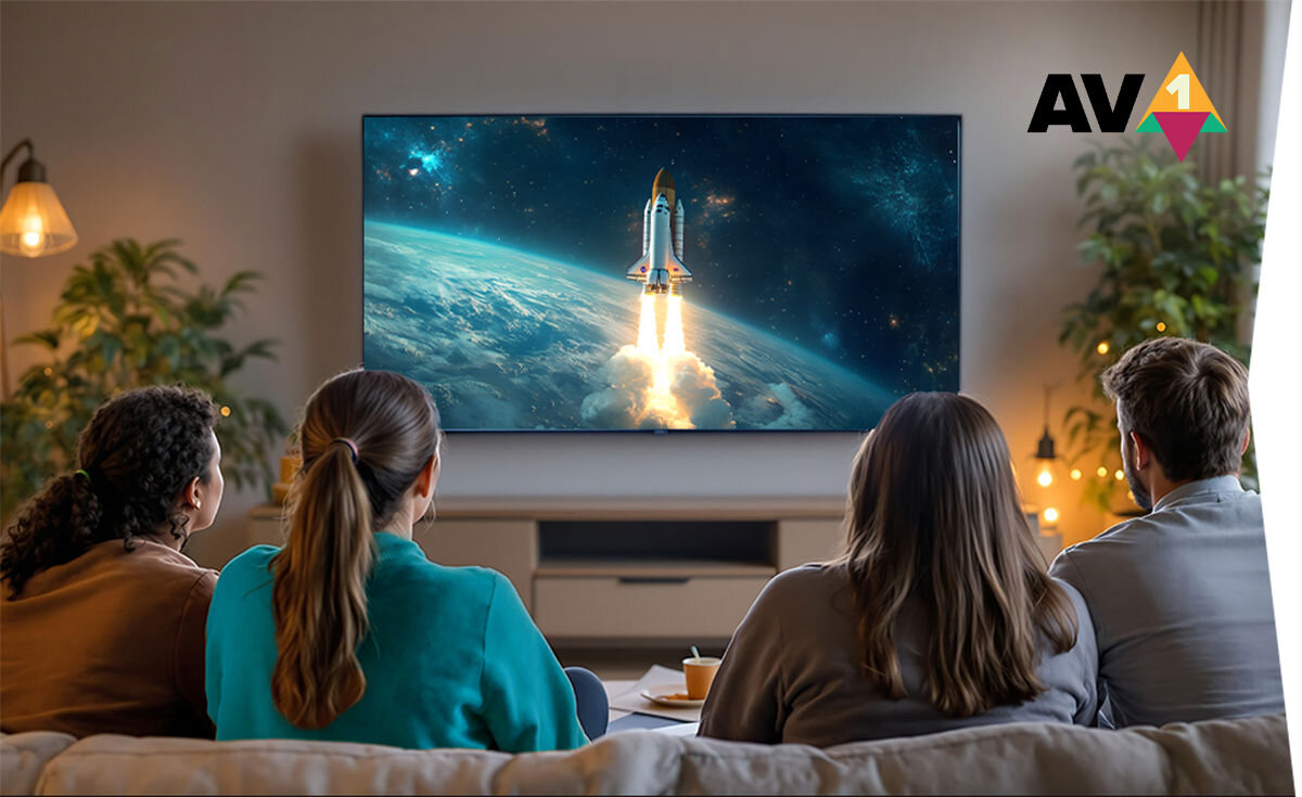 Cztery osoby siedzą przed dużym telewizorem, na którym wyświetlany jest obraz startującej rakiety w kosmosie. W prawym górnym rogu ekranu widoczne jest logo \'AV1\'.
