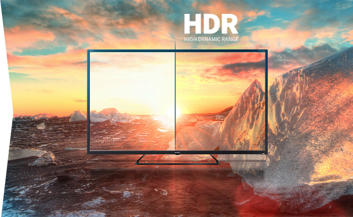 Obraz przedstawia telewizor z funkcją HDR, na ekranie widoczny jest krajobraz z lodowcami i zachodzącym słońcem. Na górze obrazu znajduje się napis \'HDR HIGH DYNAMIC RANGE\'.