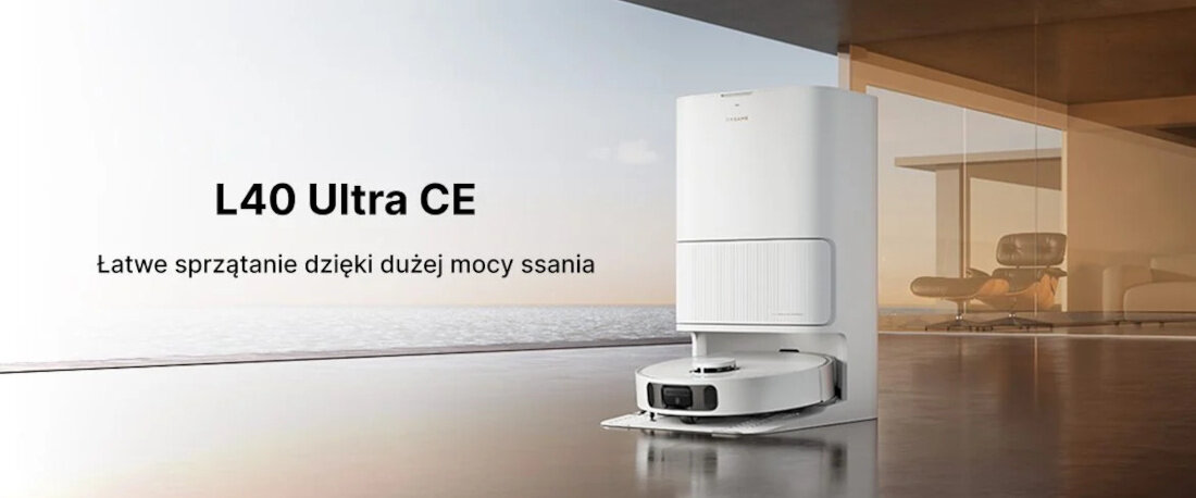 Na obrazie widoczny jest biały robot sprzątający z bazą ładującą na tle nowoczesnego wnętrza. Tekst na obrazie: \'L40 Ultra CE Łatwe sprzątanie dzięki dużej mocy ssania\'.