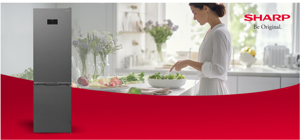Obraz przedstawia lodówkę w kolorze inox oraz osobę przygotowującą sałatkę w jasnej kuchni. W prawym górnym rogu widoczne jest logo \'SHARP Be Original.\'.