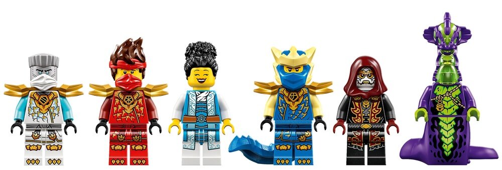 Na obrazie znajduje się sześć figurek LEGO przedstawiających postacie w różnorodnych strojach i kolorach, w tym jedna przypominająca węża. Każda figurka ma unikalne detale i akcesoria, takie jak hełmy, maski i zbroje.