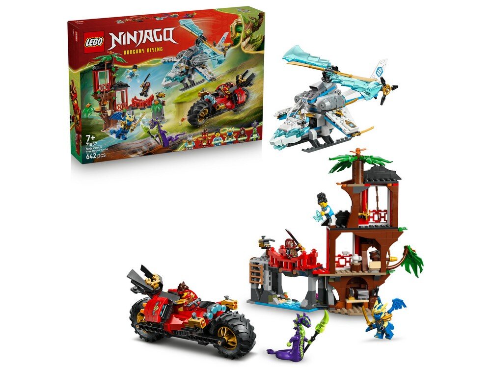 Zestaw LEGO NINJAGO z motywem bitwy ninja, zawierający domek na drzewie, pojazdy oraz figurki. Na opakowaniu widnieje napis \'LEGO NINJAGO DRAGON\'S RISING\'.