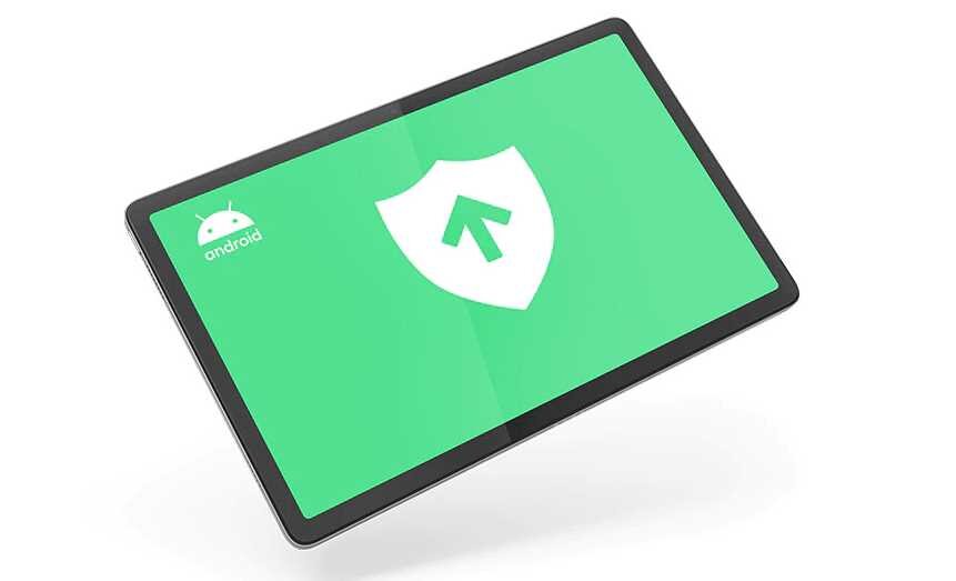 Tablet z wyświetlaczem pokazującym zielony ekran z białą tarczą i strzałką skierowaną w górę. W lewym górnym rogu ekranu widoczna jest ikona Androida.