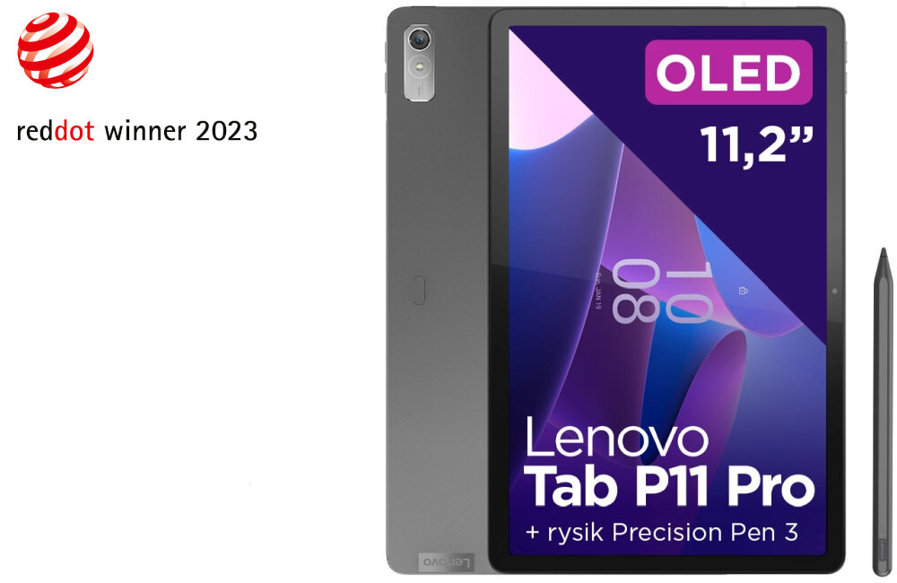 Obraz przedstawia tablet z ekranem OLED o przekątnej 11,2 cala oraz rysik. Widoczny jest napis \'Lenovo Tab P11 Pro + rysik Precision Pen 3\' oraz logo \'reddot winner 2023\'.