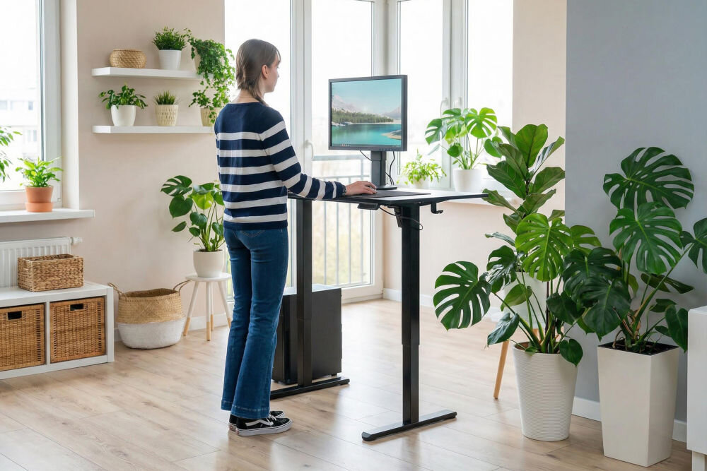 Osoba stoi przy czarnym, elektrycznie regulowanym biurku z monitorem, w jasnym pomieszczeniu z dużą ilością roślin doniczkowych. W tle widać duże okna i półki z dodatkowymi roślinami.