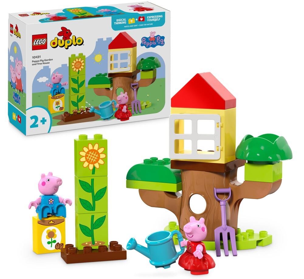 Zestaw LEGO Duplo przedstawia domek na drzewie z kolorowymi klockami i figurkami postaci z bajki Peppa Pig. Na opakowaniu widnieje logo LEGO Duplo oraz Peppa Pig, a także oznaczenie wiekowe 2+.