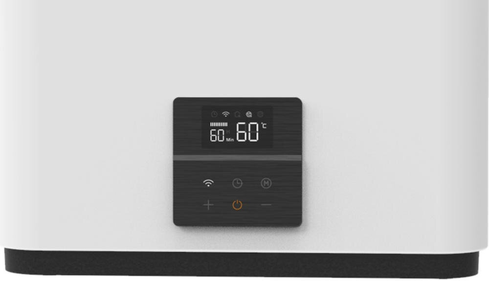 Panel sterowania z wyświetlaczem pokazującym \'60 Min 60°C\' oraz ikonami funkcji, w tym Wi-Fi i zasilania.