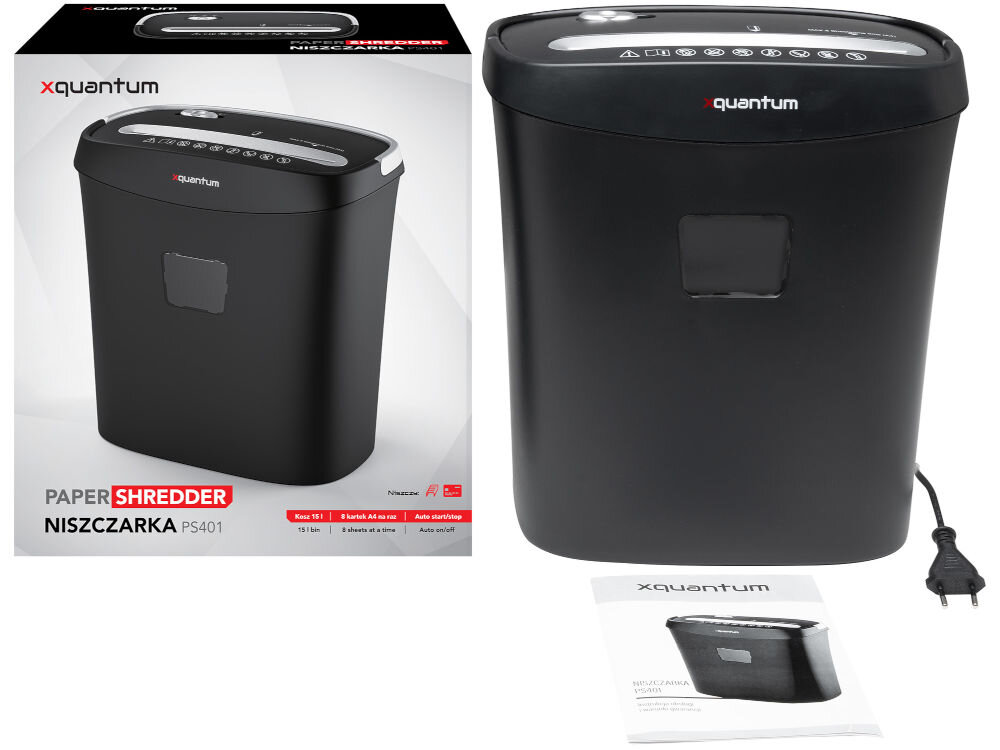 Na obrazie widoczna jest czarna niszczarka z logo \'xquantum\' oraz jej opakowanie z napisem \'PAPER SHREDDER NISZCZARKA PS401\'. Obok znajduje się instrukcja obsługi i przewód zasilający.