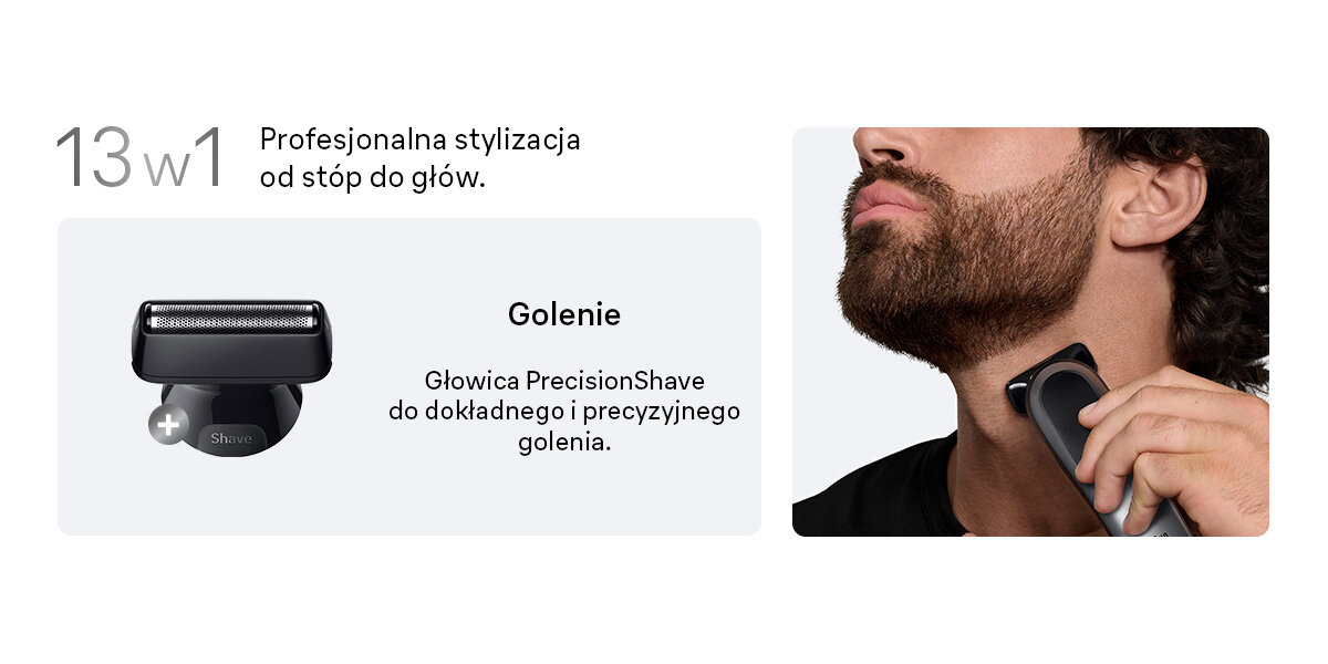 Obraz przedstawia trymer używany do golenia brody. Tekst na obrazie: \'13 w 1 Profesjonalna stylizacja od stóp do głów. Golenie Głowica PrecisionShave do dokładnego i precyzyjnego golenia.\'