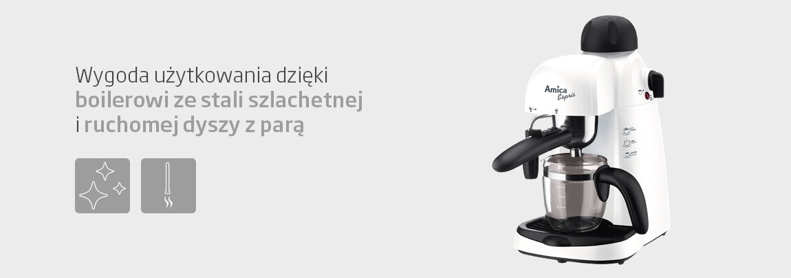 Na obrazie znajduje się biały ekspres do kawy z czarnymi elementami, z widocznym logo \'Amica Espris\'. Obok ekspresu znajduje się tekst: \'Wygoda użytkowania dzięki boilerowi ze stali szlachetnej i ruchomej dyszy z parą\'.