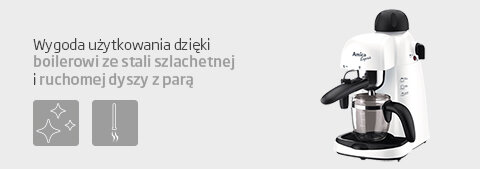 Obraz przedstawia biały ekspres do kawy z czarnymi elementami, obok którego znajduje się tekst: \'Wygoda użytkowania dzięki boilerowi ze stali szlachetnej i ruchomej dyszy z parą\'.