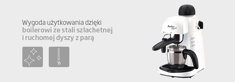 Obraz przedstawia biały ekspres do kawy Amica Espris z czarnymi elementami. Obok znajduje się tekst: \'Wygoda użytkowania dzięki boilerowi ze stali szlachetnej i ruchomej dyszy z parą\'.