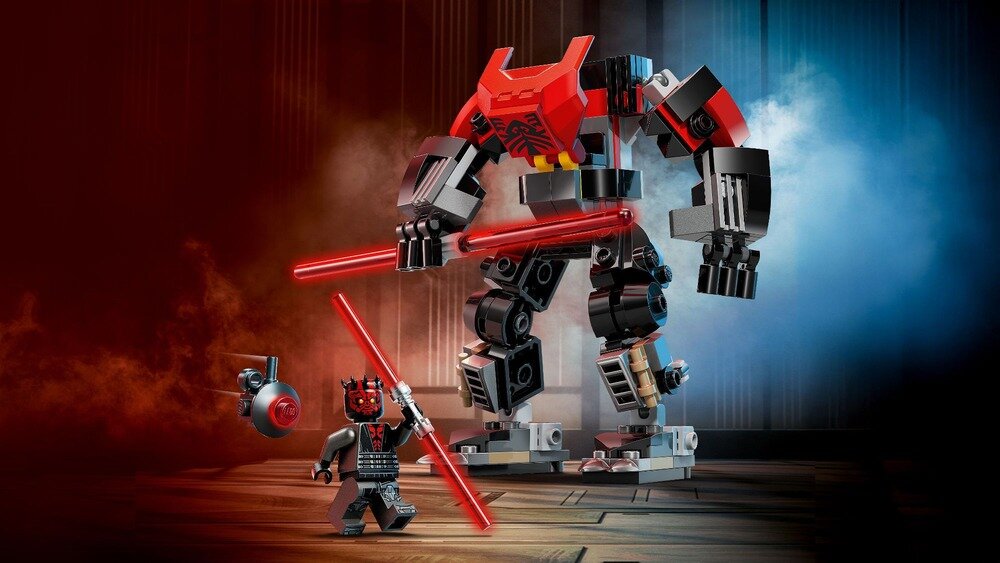 Na obrazie widoczny jest zestaw klocków LEGO przedstawiający dużego robota z czerwonymi i czarnymi elementami oraz mniejszą figurkę z czerwonym mieczem świetlnym. Tło jest ciemne z efektem dymu.