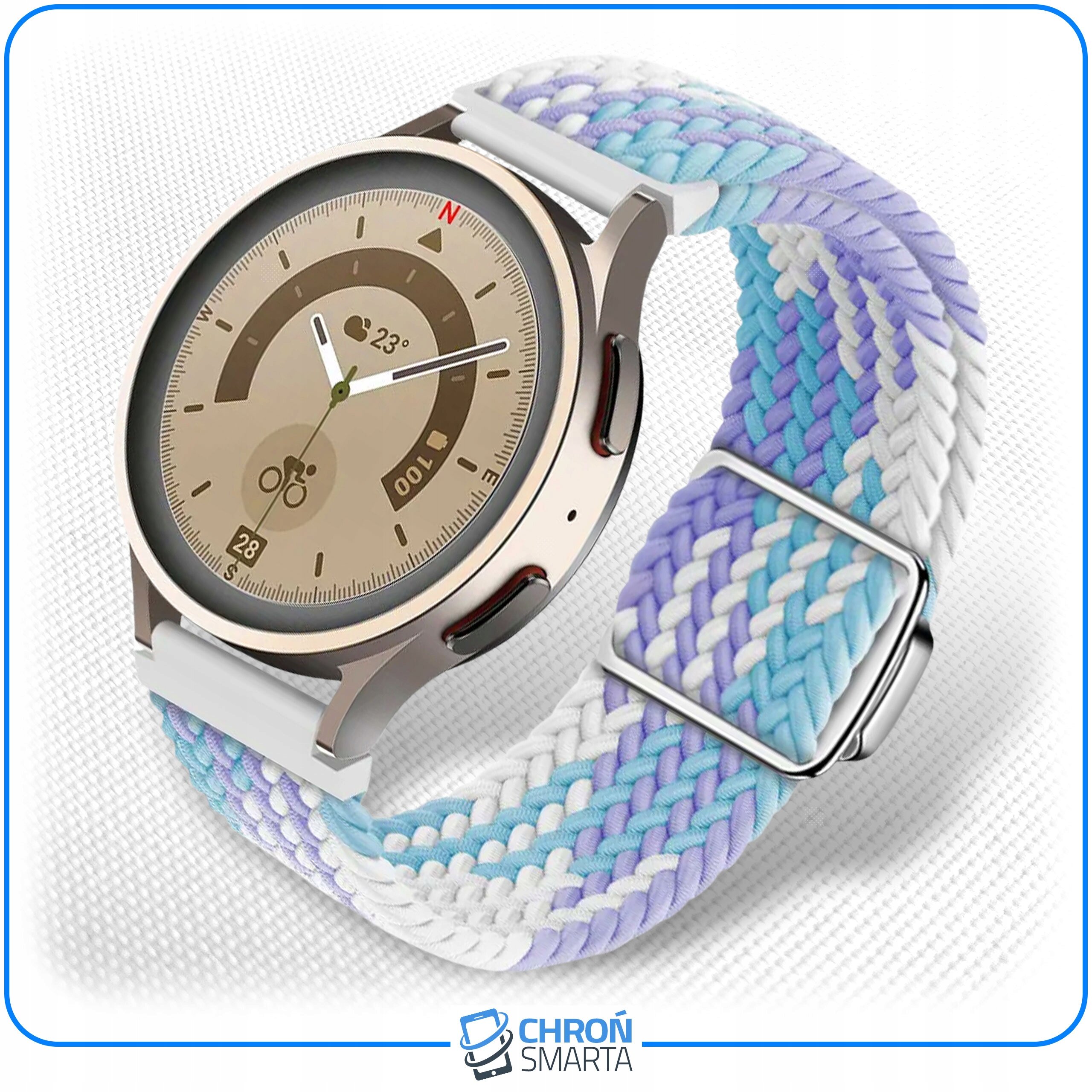 Smartwatch z kolorowym, plecionym paskiem w odcieniach fioletu, niebieskiego i białego. Na tarczy zegarka widoczne są wskaźniki pogody, daty i aktywności fizycznej, a poniżej znajduje się logo \'CHROŃ SMARTA\'.