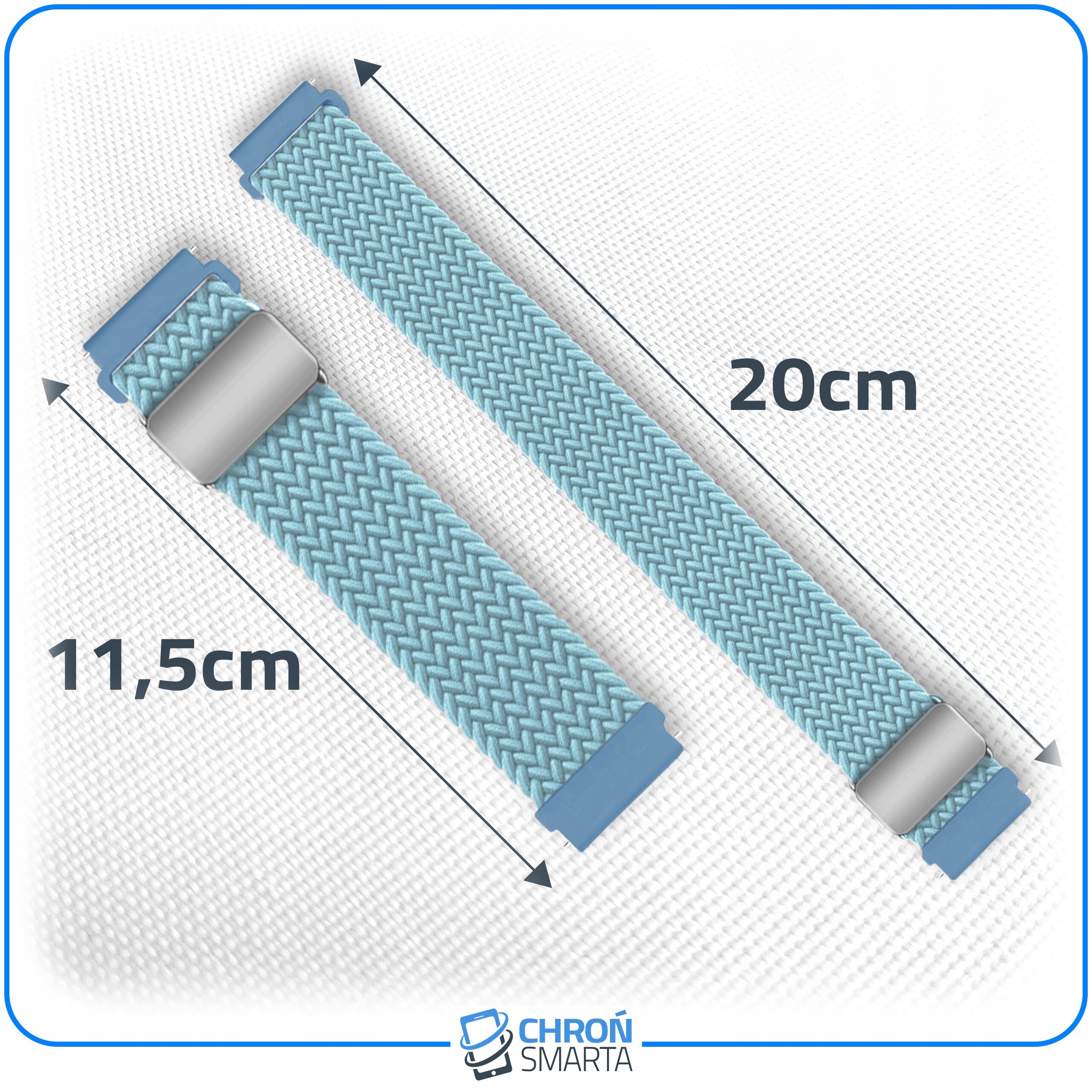 Na obrazie widoczne są dwa niebieskie paski do smartwatcha z plecionym wzorem, o długościach 11,5 cm i 20 cm. W dolnej części znajduje się logo \'CHROŃ SMARTA\'.
