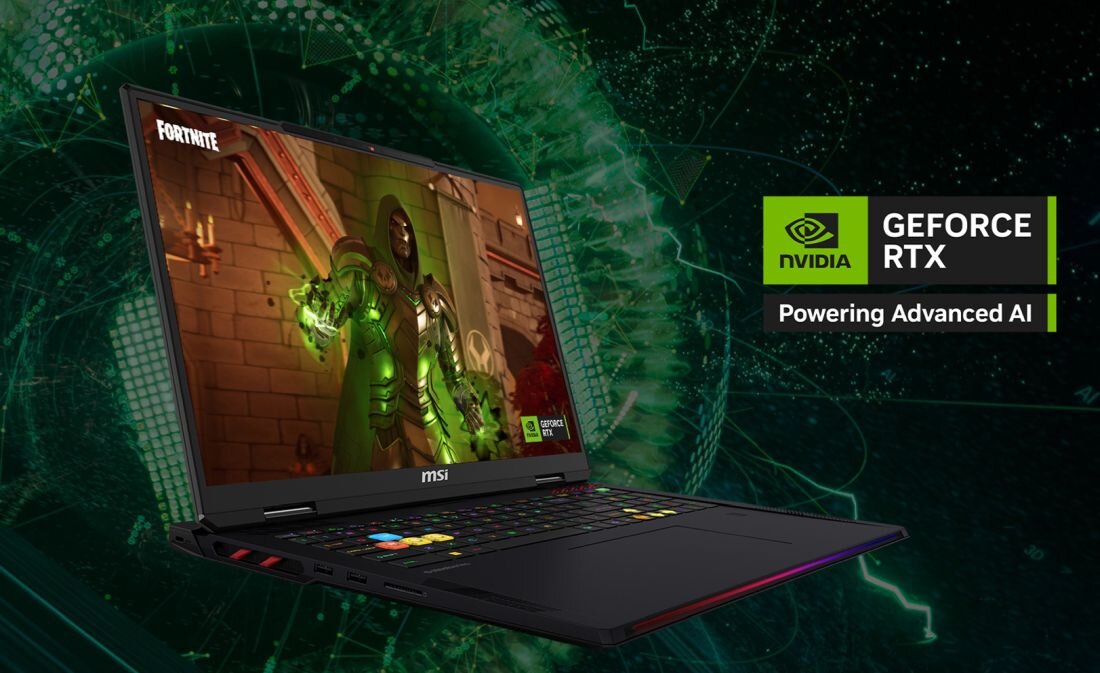 Laptop MSI z kolorową klawiaturą wyświetla grę Fortnite na ekranie. Obok znajduje się logo NVIDIA GeForce RTX z napisem \'Powering Advanced AI\'.