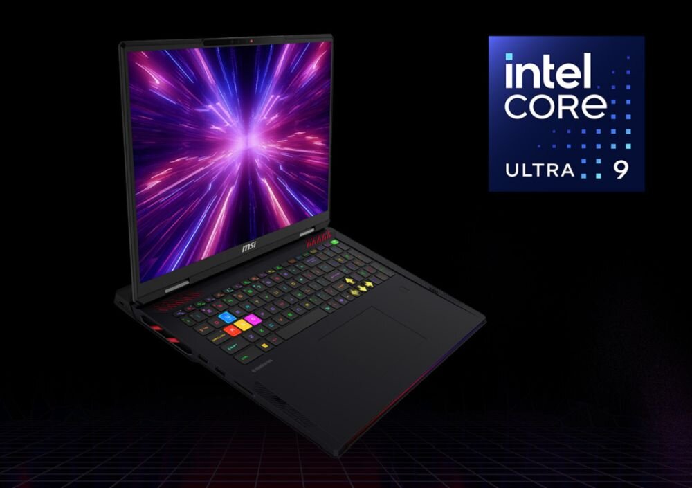 Laptop z kolorową klawiaturą i ekranem wyświetlającym efekt świetlny. Obok znajduje się logo \'intel core ULTRA 9\'.