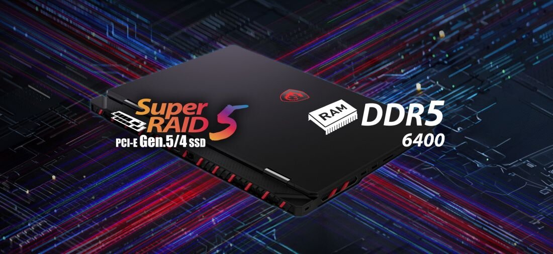 Obraz przedstawia laptop z logo producenta, na tle kolorowych linii przypominających obwody elektroniczne. Widoczny jest tekst: \'Super RAID 5 PCI-E Gen.5/4 SSD\' oraz \'RAM DDR5 6400\'.
