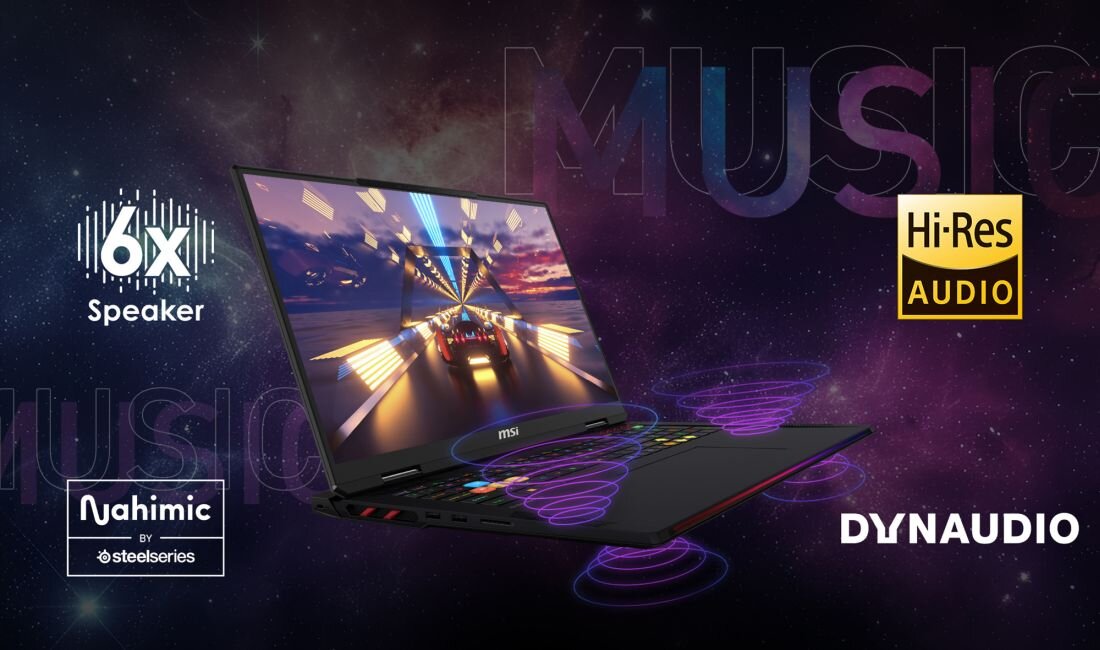 Obraz przedstawia laptop MSI z wyświetlaczem pokazującym dynamiczną grafikę wyścigową. Widoczne są napisy: \'6x Speaker\', \'Nahimic by steelseries\', \'Hi-Res Audio\', \'DYNAUDIO\'.