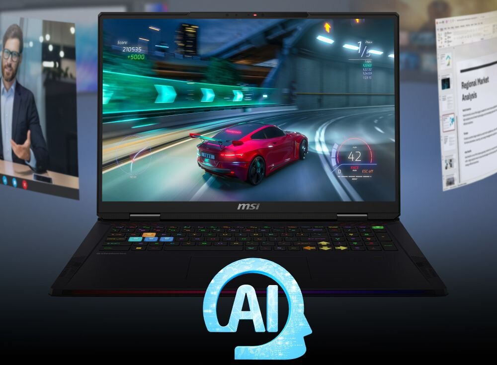Laptop MSI z wyświetlaczem pokazującym grę wyścigową, z widocznym logo MSI na obudowie. W tle po bokach znajdują się obrazy przedstawiające wideokonferencję i analizę rynku, a na dole widoczny jest symbol AI.