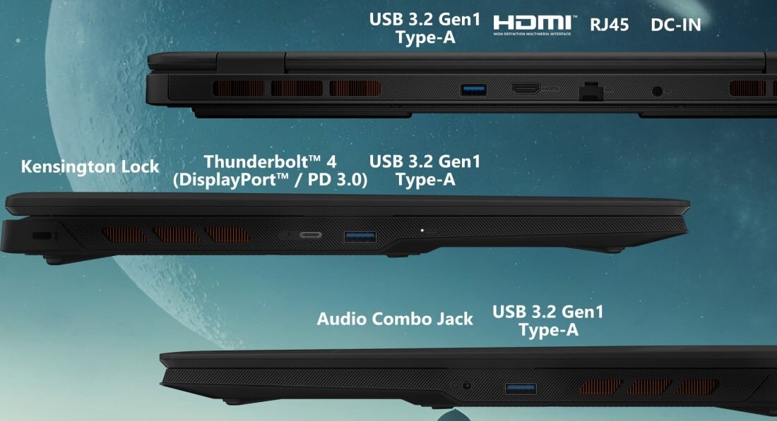 Obraz przedstawia trzy widoki boczne laptopa z opisanymi portami: USB 3.2 Gen1 Type-A, HDMI, RJ45, DC-IN, Kensington Lock, Thunderbolt 4 (DisplayPort / PD 3.0), Audio Combo Jack. Tło jest ciemne z widocznym fragmentem księżyca.