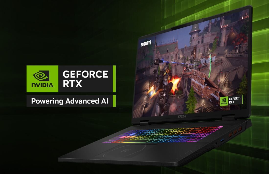 Obraz przedstawia laptop z kolorową klawiaturą, na ekranie którego wyświetlana jest gra Fortnite. Obok znajduje się logo NVIDIA z tekstem \'GEFORCE RTX Powering Advanced AI\'.