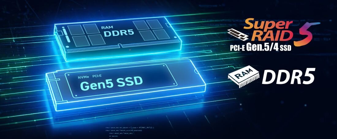 Grafika przedstawia dwa elementy: RAM DDR5 i NVMe PCIe Gen5 SSD, z napisem \'Super RAID 5 PCI-E Gen.5/4 SSD\'.