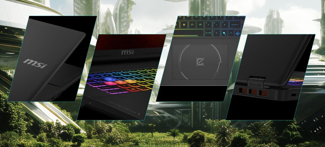 Obraz przedstawia pięć fragmentów laptopa z logo \'msi\', w tym klawiaturę z podświetleniem RGB i porty z tyłu urządzenia. W tle widoczny jest futurystyczny krajobraz z zielenią i nowoczesnymi budynkami.