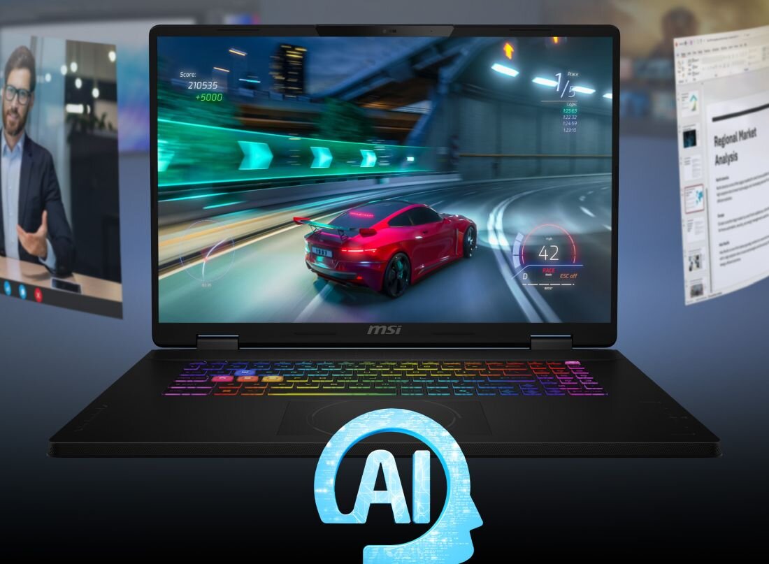 Laptop MSI Crosshair z MSI Center AI Engine wyświetla grę wyścigową i aplikację biurową podczas przełączania zadań i rozrywki – MSI Center 
