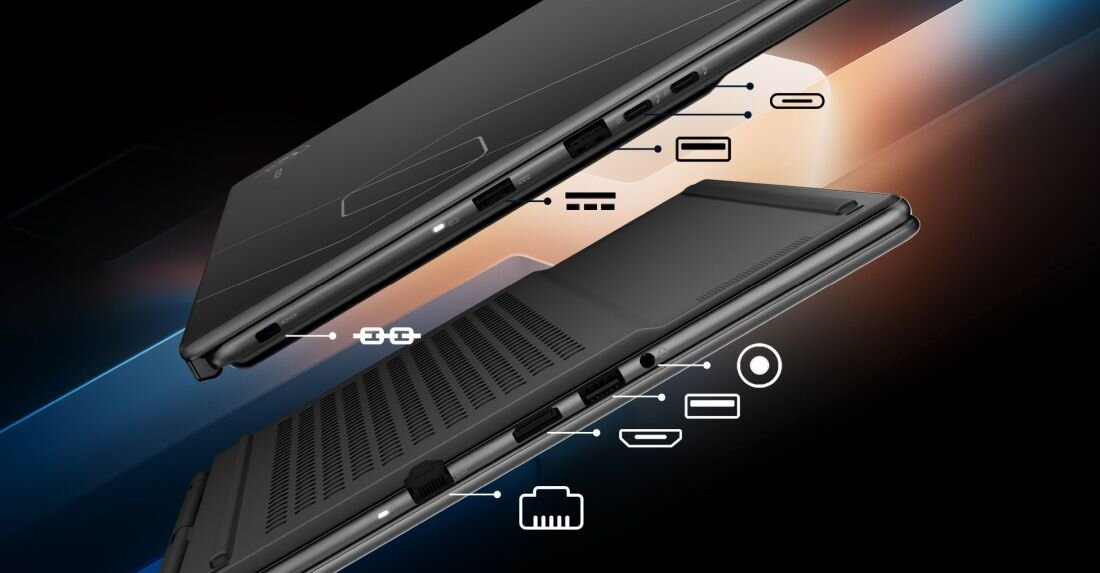 Laptop MSI Stealth z zestawem portów Thunderbolt 4, HDMI i RJ45 prezentuje złącza na bocznych krawędziach obudowy 