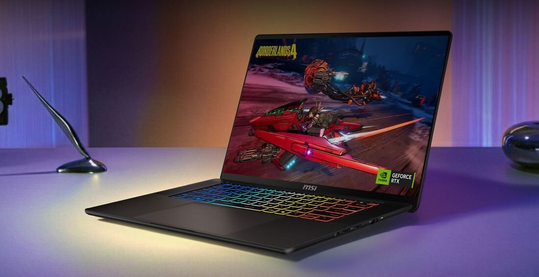 Laptop MSI Stealth z kartą NVIDIA GeForce RTX wyświetla dynamiczną scenę z gry Borderlands 4 podczas rozgrywki gamingowej