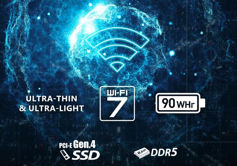 Grafika laptopa MSI Stealth prezentuje Wi‑Fi 7, baterię 90 Wh, pamięć DDR5 i dysk PCIe Gen4 SSD na tle technologicznym