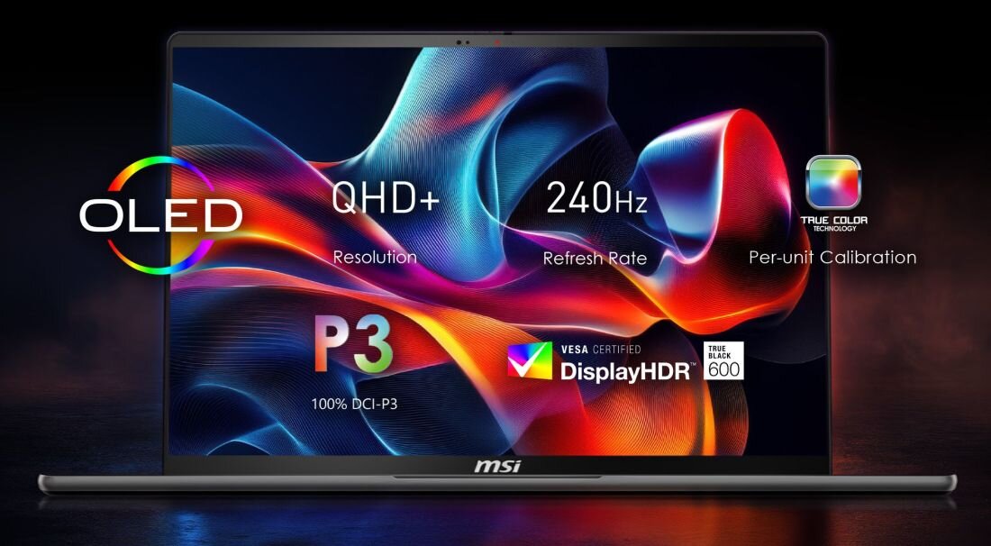 Laptop MSI Stealth z ekranem OLED QHD+ 240 Hz prezentuje parametry obrazu i technologię True Color podczas pracy kreatywnej
