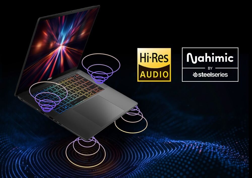 Laptop MSI Stealth z technologią Nahimic i Hi-Res Audio prezentuje przestrzenny dźwięk wokół obudowy podczas rozrywki multimedialnej 