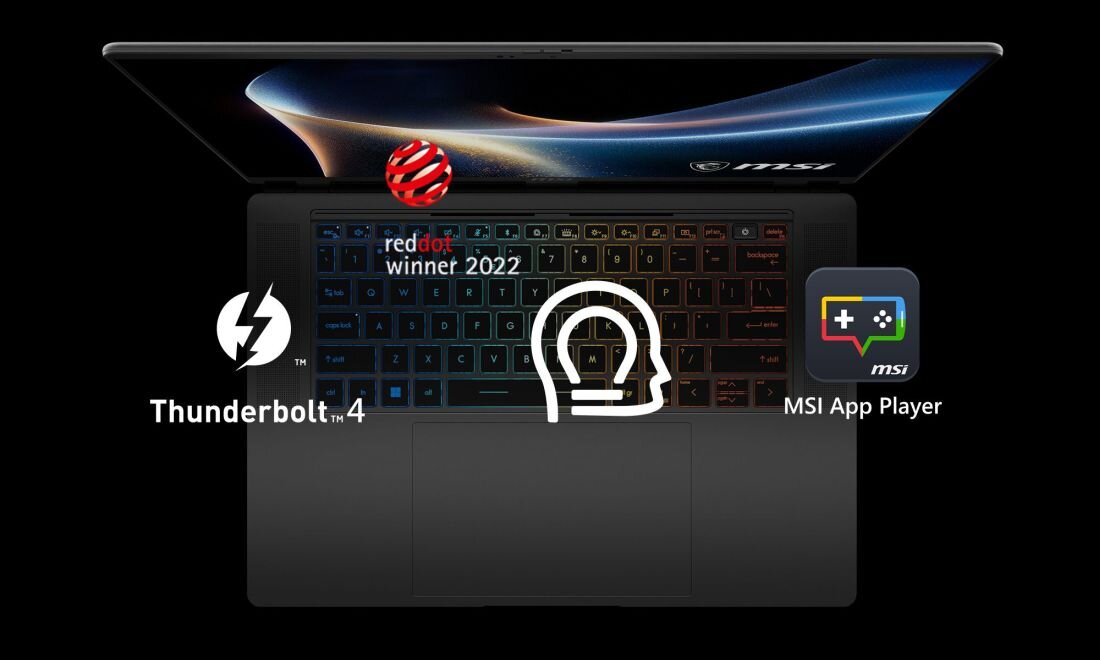 Laptop MSI Stealth z Thunderbolt 4 i MSI App Player prezentuje podświetlaną klawiaturę RGB oraz funkcje dla graczy i twórców