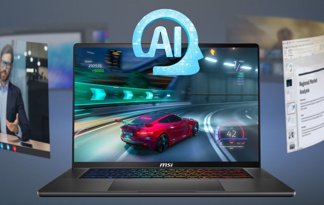 Laptop MSI Stealth z MSI AI Engine wyświetla grę, wideokonferencję i prezentację podczas pracy hybrydowej oraz rozrywki