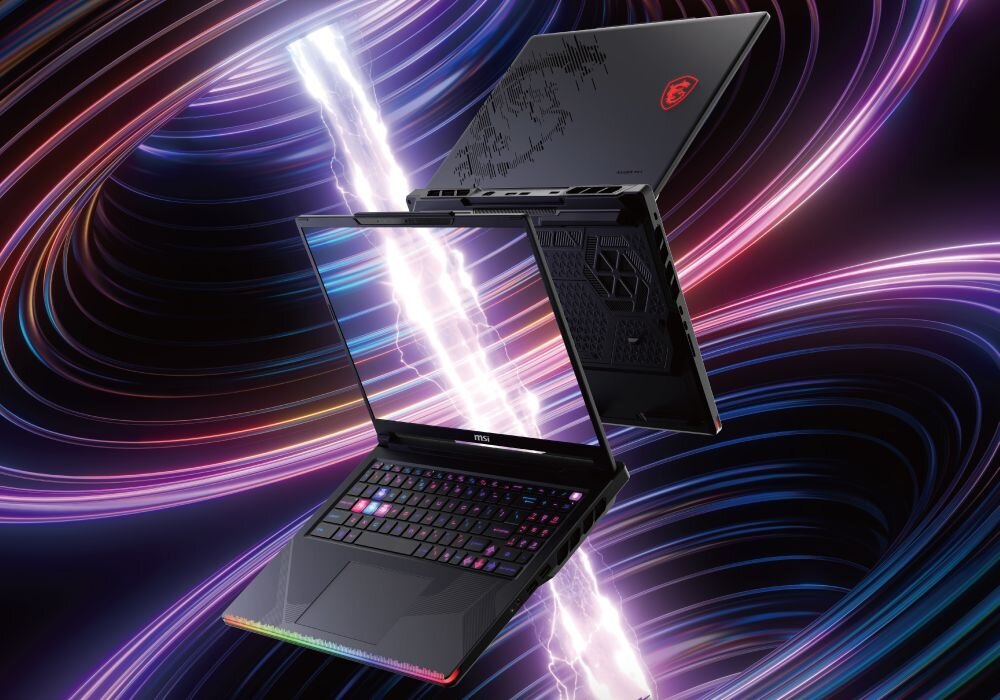 Laptop z otwartym ekranem i podświetlaną klawiaturą, na tle dynamicznych, kolorowych linii. Na obudowie widoczne jest logo MSI.