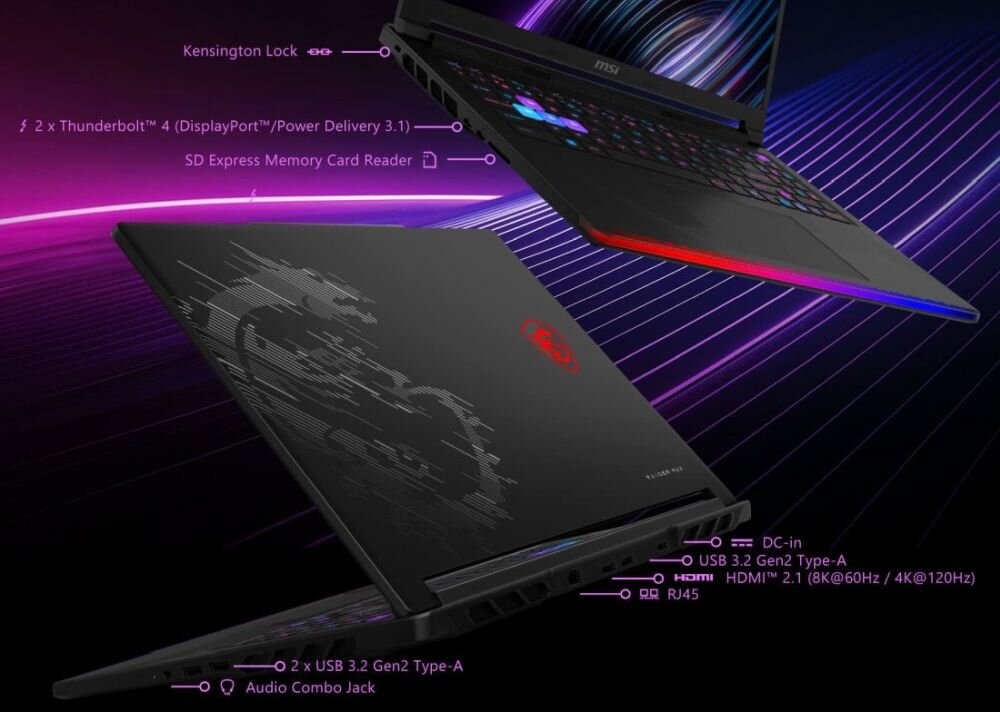 Dwa laptopy z logo MSI, jeden z podświetlaną klawiaturą, drugi z grafiką smoka na obudowie. Widoczne są opisy portów: Kensington Lock, 2 x Thunderbolt 4, SD Express Memory Card Reader, DC-in, USB 3.2 Gen2 Type-A, HDMI 2.1, RJ45, Audio Combo Jack.